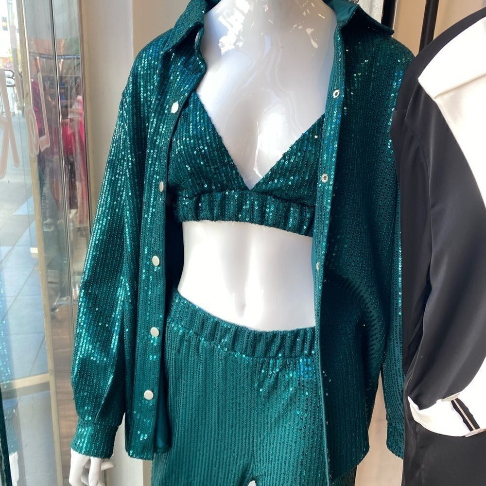 NWT green 3-piece sequin set, new overshirt pants and top